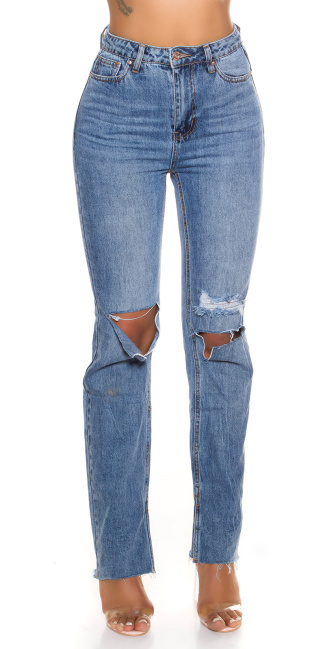 straight cut hoge taille jeans gebruikte used look blauw